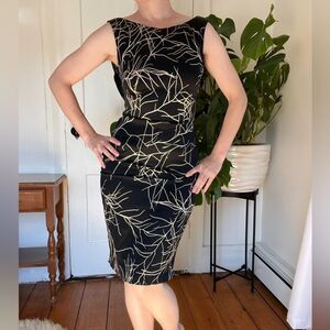 Tuleh Black & Ivory Abstract Print Sheath Dress with Draped Back – Size 4